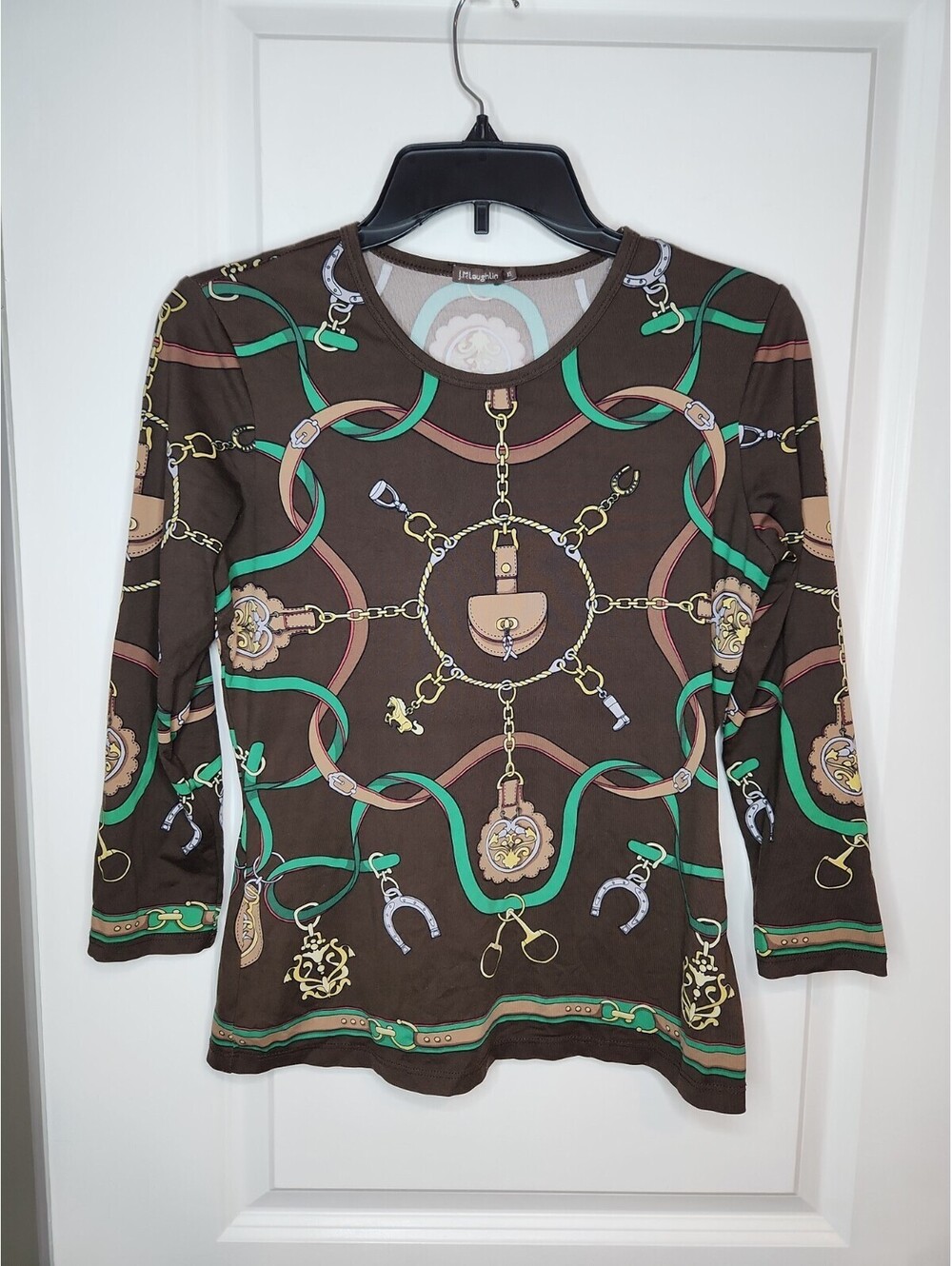J McLaughlin Top Equestrian Women's XS Crewneck Quarter Sleeve Rope Chain Print